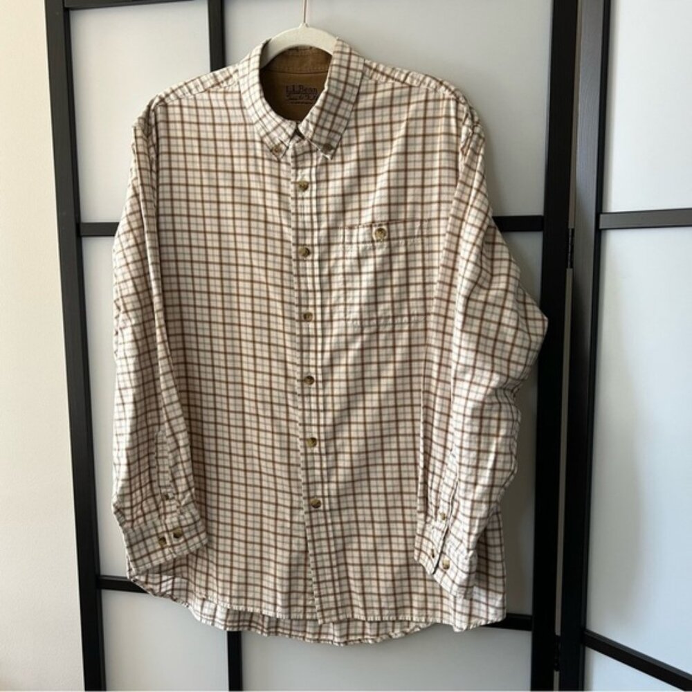 L L Bean Fall Neutral Beige Brown Plaid Long Sleeve Button Down Shirt Mens